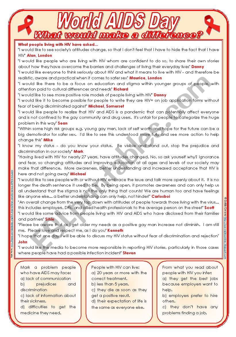 World AIDS Day - What would make a difference? - reading comprehension [2 pages] ***editable